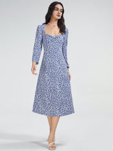 Square Neck Long Sleeve Flare A Line Midi Dress